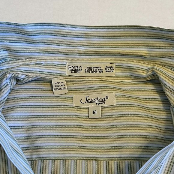 Jessica Sport 100% cotton green and yellow striped button down shirt-Size 14 - Picture 7 of 10